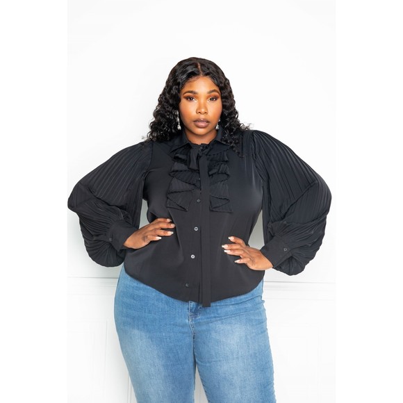 Pleated Sleeve Blouse With Waterfall Frill And Bow - Picture 2 of 6